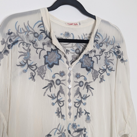 Johnny Was Floral Embroidered Tunic Top Cream Blue Grey Large - Picture 4 of 8